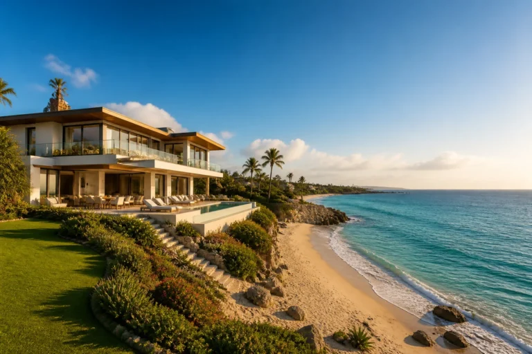 Villa de luxe sur la plage au coucher du soleil