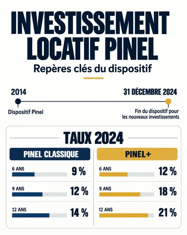 Infographie sur l'investissement locatif Pinel, ses taux 2024 et la fin du dispositif