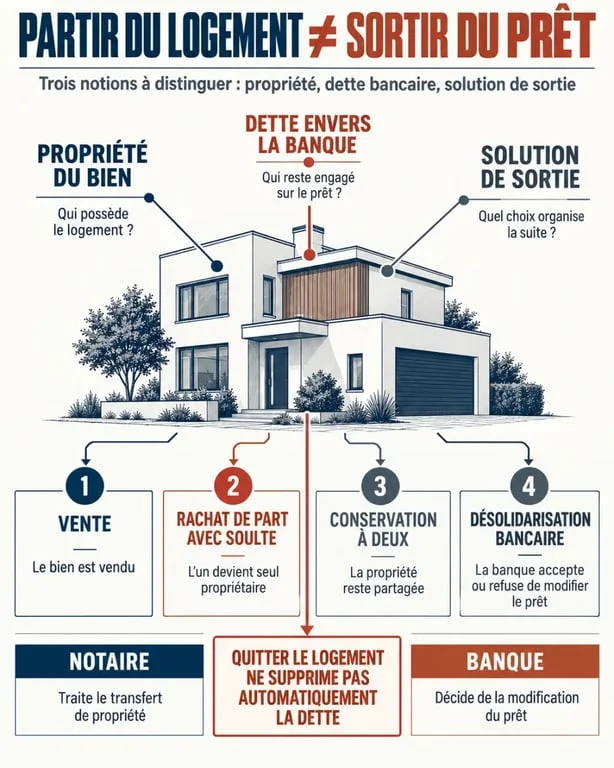 Séparation et crédit maison en cours : schéma des solutions entre propriété, prêt immobilier et désolidarisation