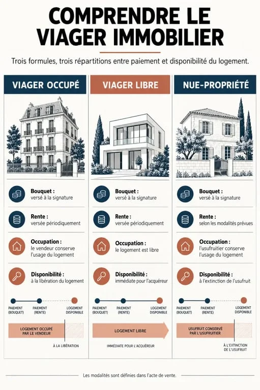 Infographie Renée Costes viager présentant le viager occupé, le viager libre et la nue-propriété