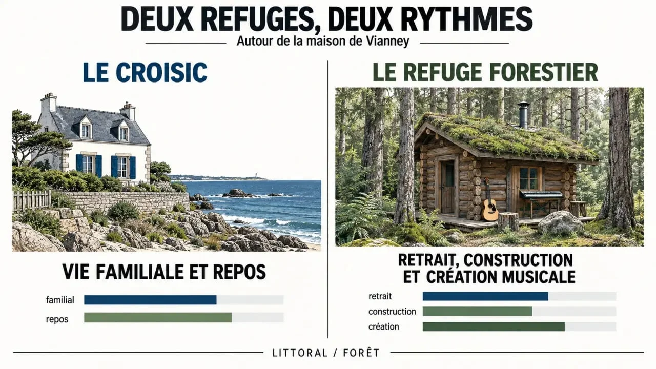 Infographie comparant les deux refuges de la maison de Vianney : maison familiale du Croisic et cabane forestière
