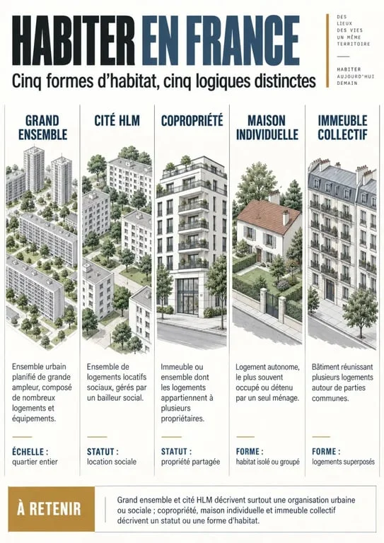 Infographie sur l’habitation francaise et les différences entre grand ensemble, cité HLM, copropriété et maison individuelle