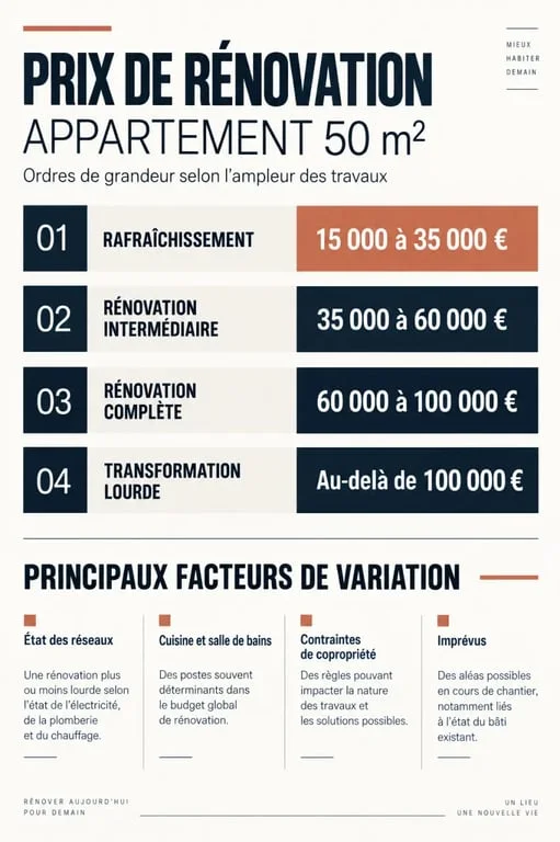 Infographie du prix de rénovation d’un appartement de 50 m² selon l’ampleur des travaux