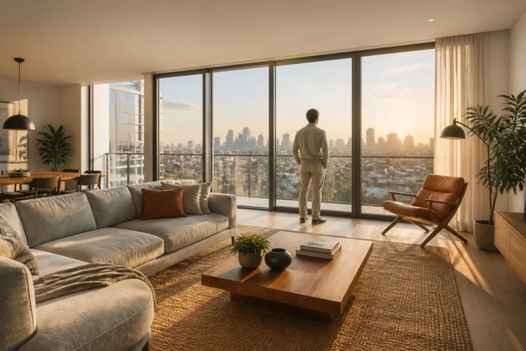 Appartement moderne avec vue urbaine au coucher du soleil