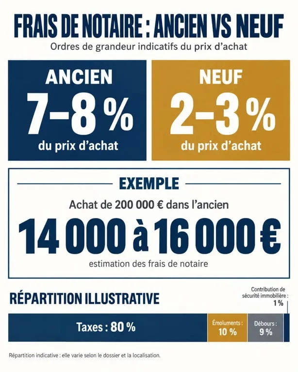 Montant frais de notaire ancien : comparaison des pourcentages et exemple pour un achat de 200 000 euros