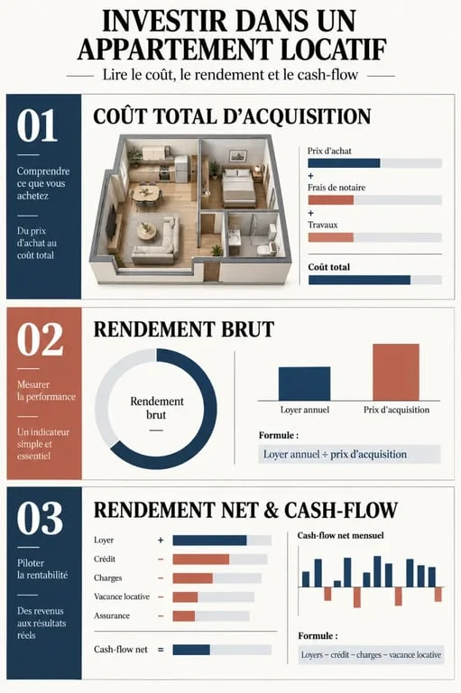 Infographie sur l'appartement investissement locatif et le calcul du rendement net