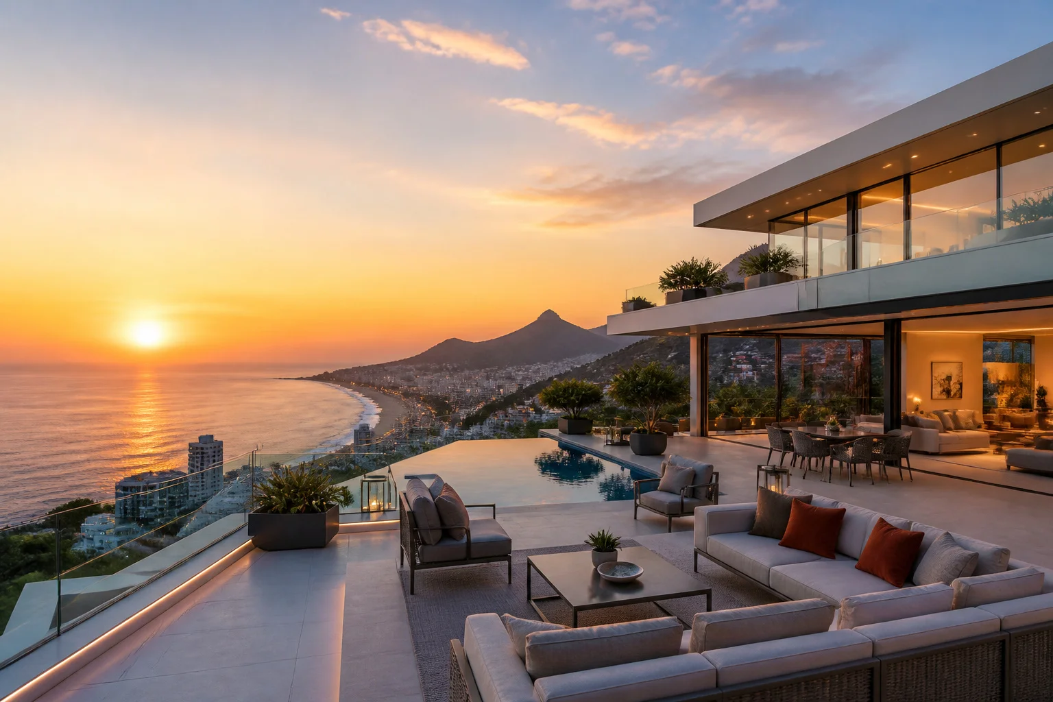Terrasse de penthouse luxueuse au coucher du soleil