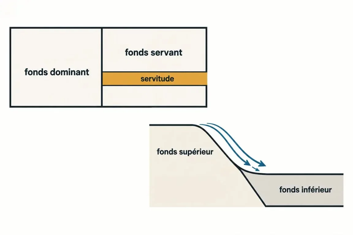 Servitude entre fonds dominant et fonds servant avec passage et écoulement des eaux