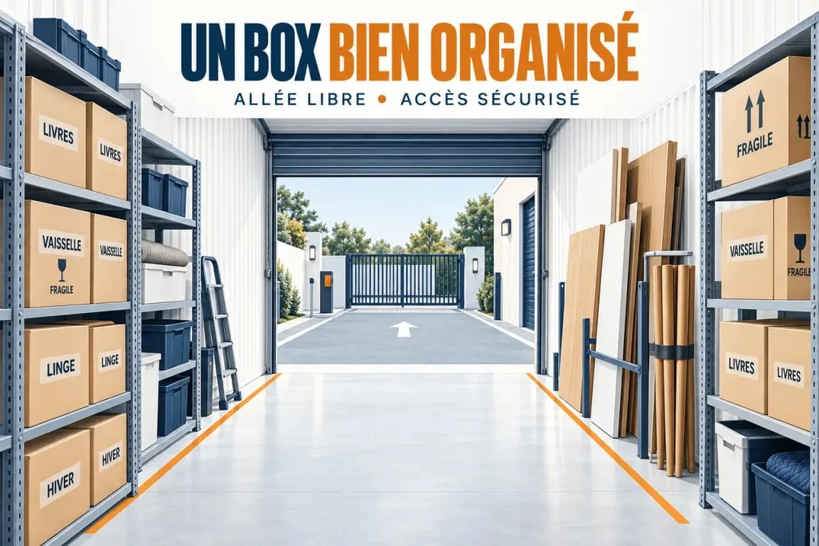 Stock self : box de stockage organisé avec cartons étiquetés et allée d’accès libre