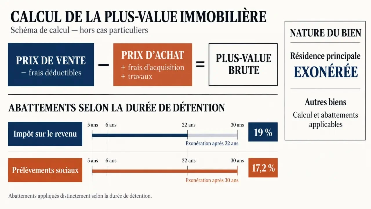 Infographie sur le calcul plus value immobiliere, les frais, les travaux et les abattements selon la durée de détention