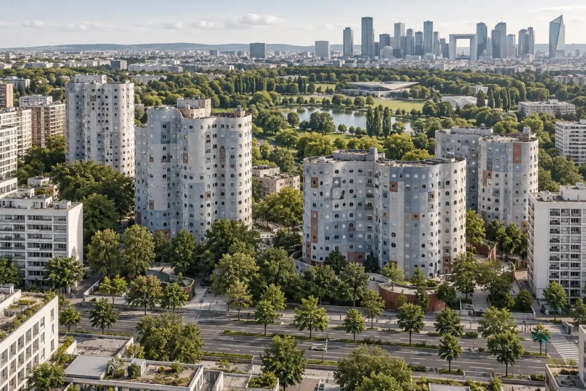 Vue du secteur Nanterre Pablo Picasso avec les Tours Aillaud et le parc André-Malraux