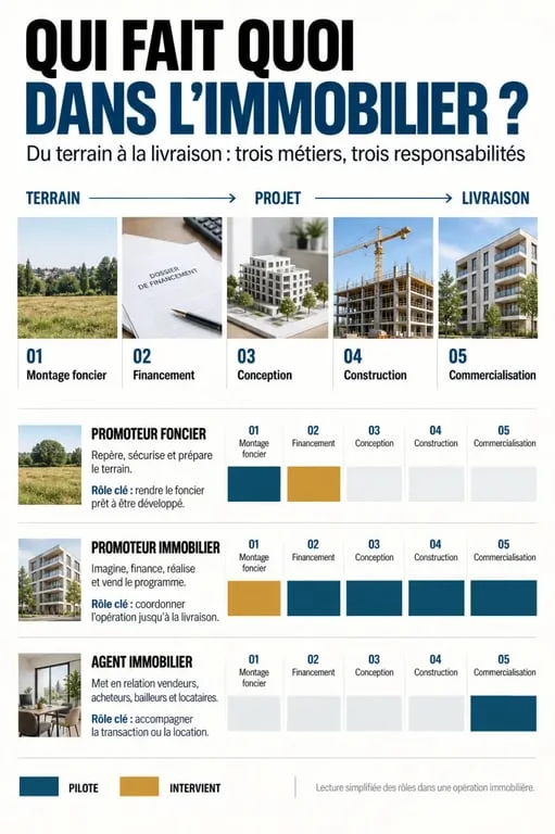 Infographie sur le rôle du promoteur immobilier et la différence avec le promoteur foncier et l’agent immobilier