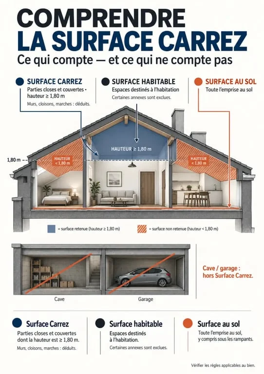 Infographie sur la surface Carrez, la surface habitable et la surface au sol dans un appartement mansardé