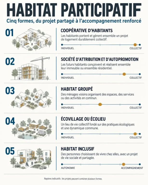Infographie des formes d'habitat participatif et de leurs principes