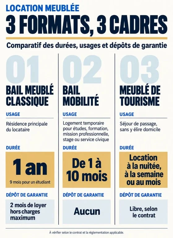 Infographie comparative des règles de la location meublée, du bail mobilité et du meublé de tourisme