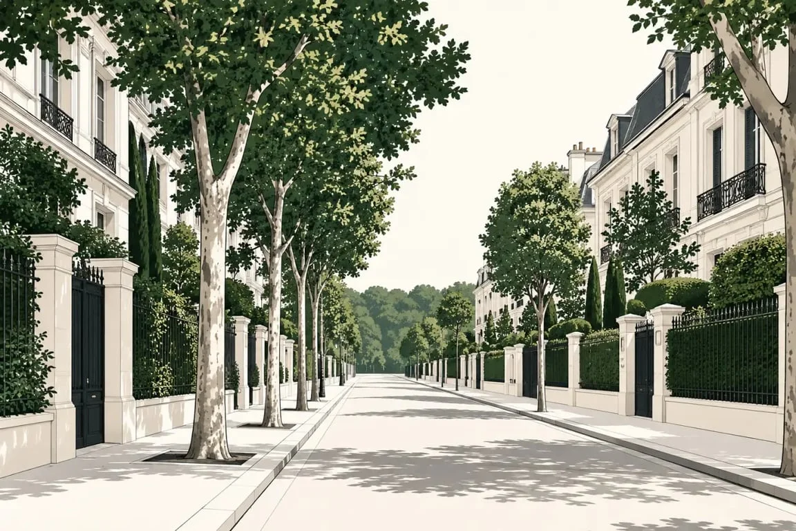Vue d’ambiance du quartier associé à la maison Sarkozy à Paris, à Auteuil
