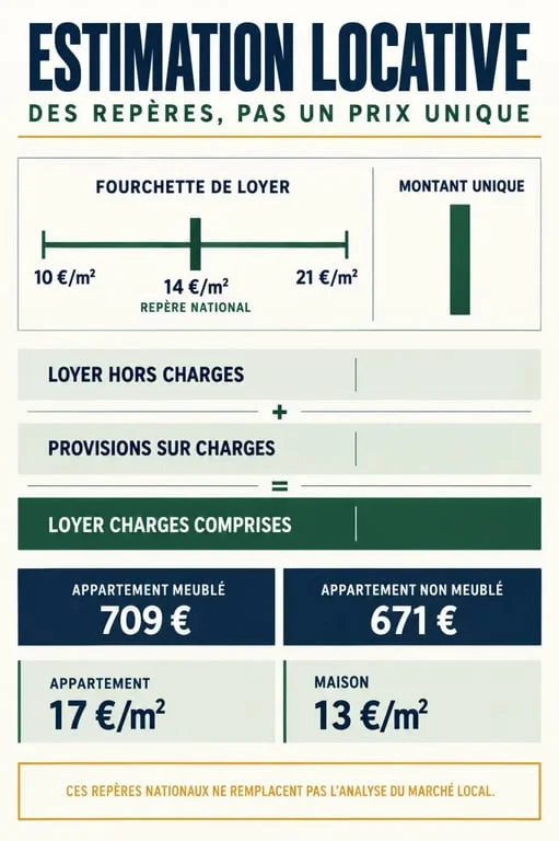 Infographie sur l’estimation locative avec fourchette de loyer, charges et repères nationaux au mètre carré
