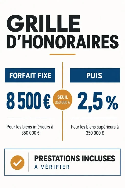 Etude immo : infographie des honoraires immobiliers, forfait de 8 500 € et taux de 2,5 %