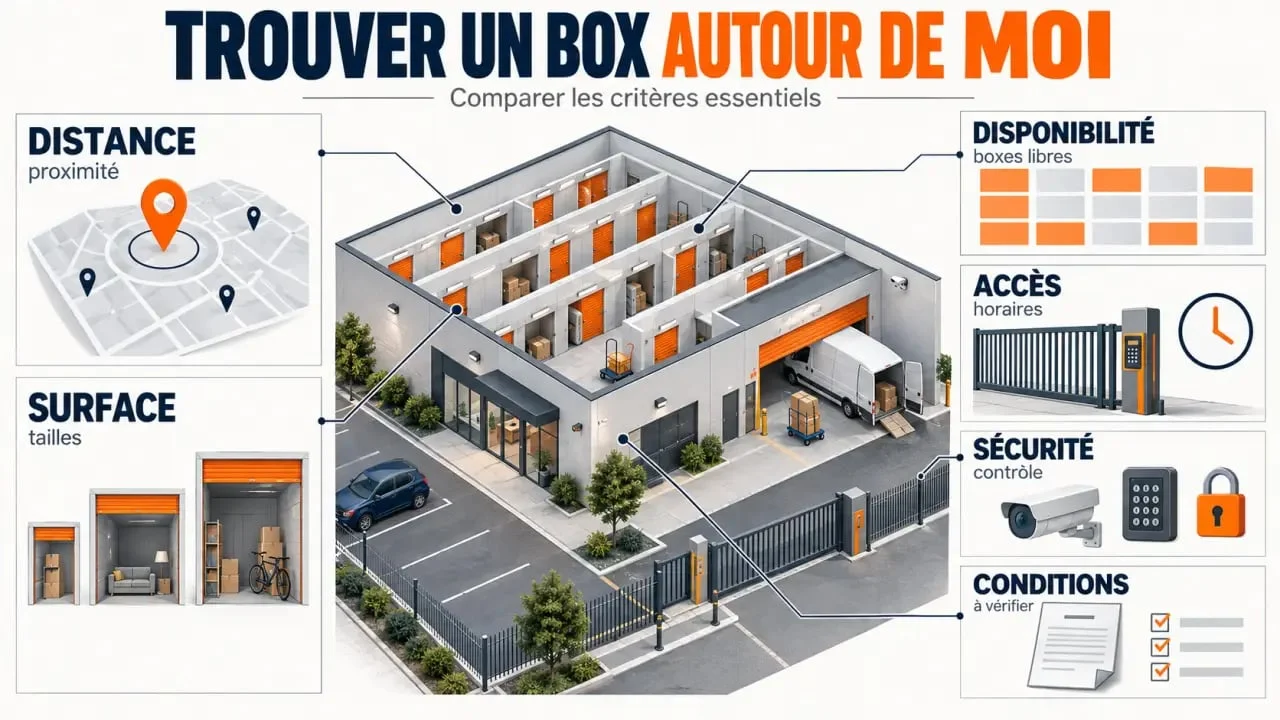 Infographie pour choisir un box autour de moi selon la distance, la surface, l’accès et la sécurité