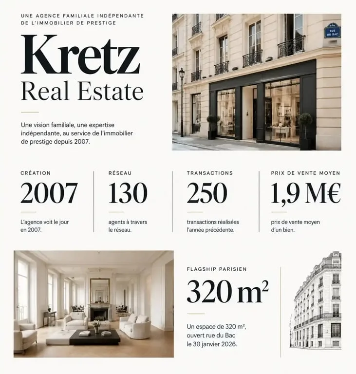 Infographie Kretz Real Estate sur son réseau, ses transactions et son flagship parisien