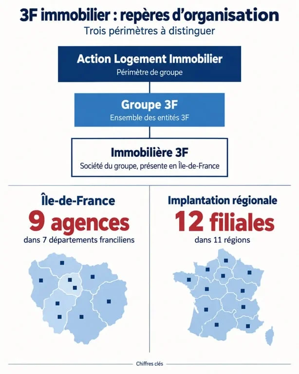 Infographie 3F immobilier sur l’organisation du Groupe 3F et ses chiffres clés